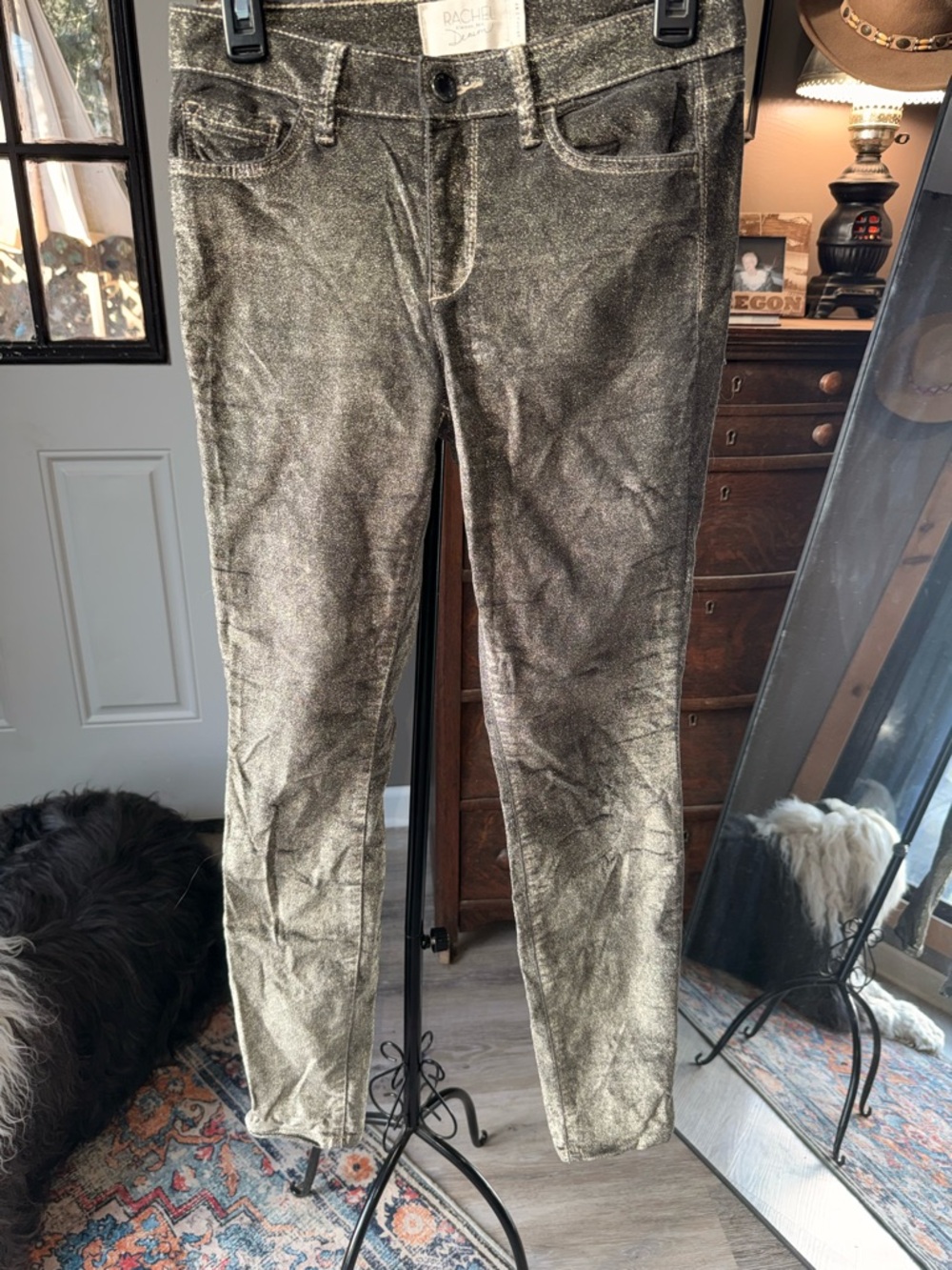 RACHEL Rachel Roy Metallic Gold Skinny Velvet Feel Jeans